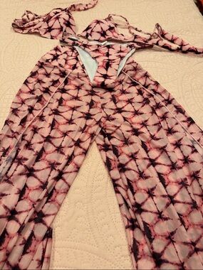 Tie-Dye Pink Wide-Leg  Pants with Bikini Set